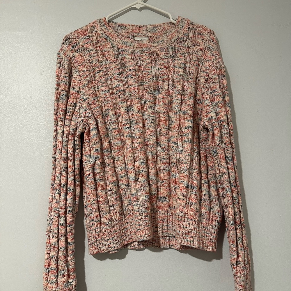 J Crew Sweater Womens Size Large Blue Red White Cableknit Crewneck Pullover